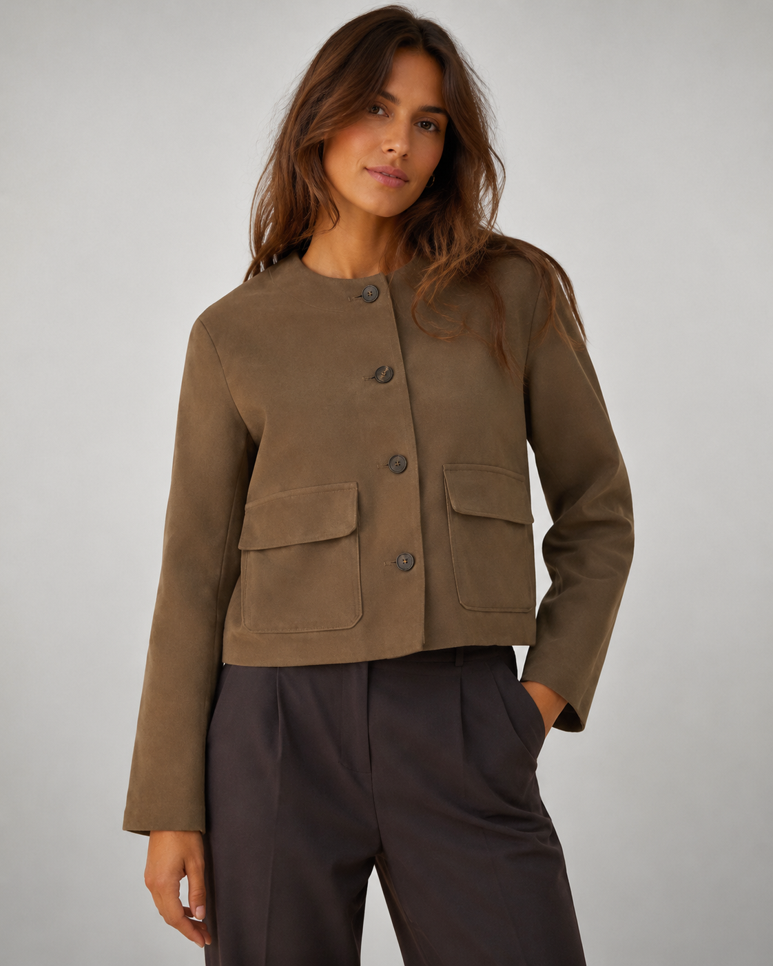 Giacca Donna Cropped Effetto Suede Spazzolato Ampia Collo Camicia