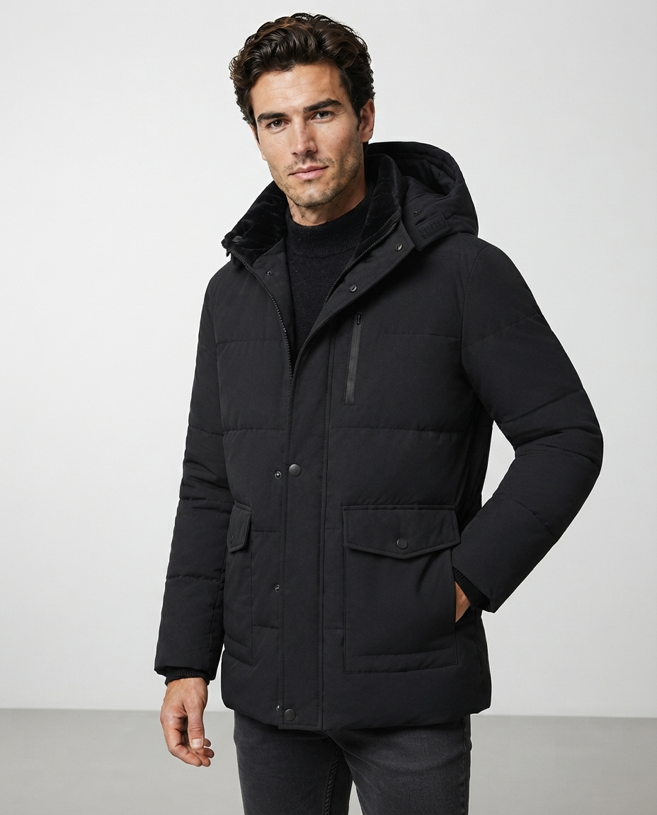 Giacca Uomo Trapuntata Cappuccio Foderato in Peluche Tasche Zip