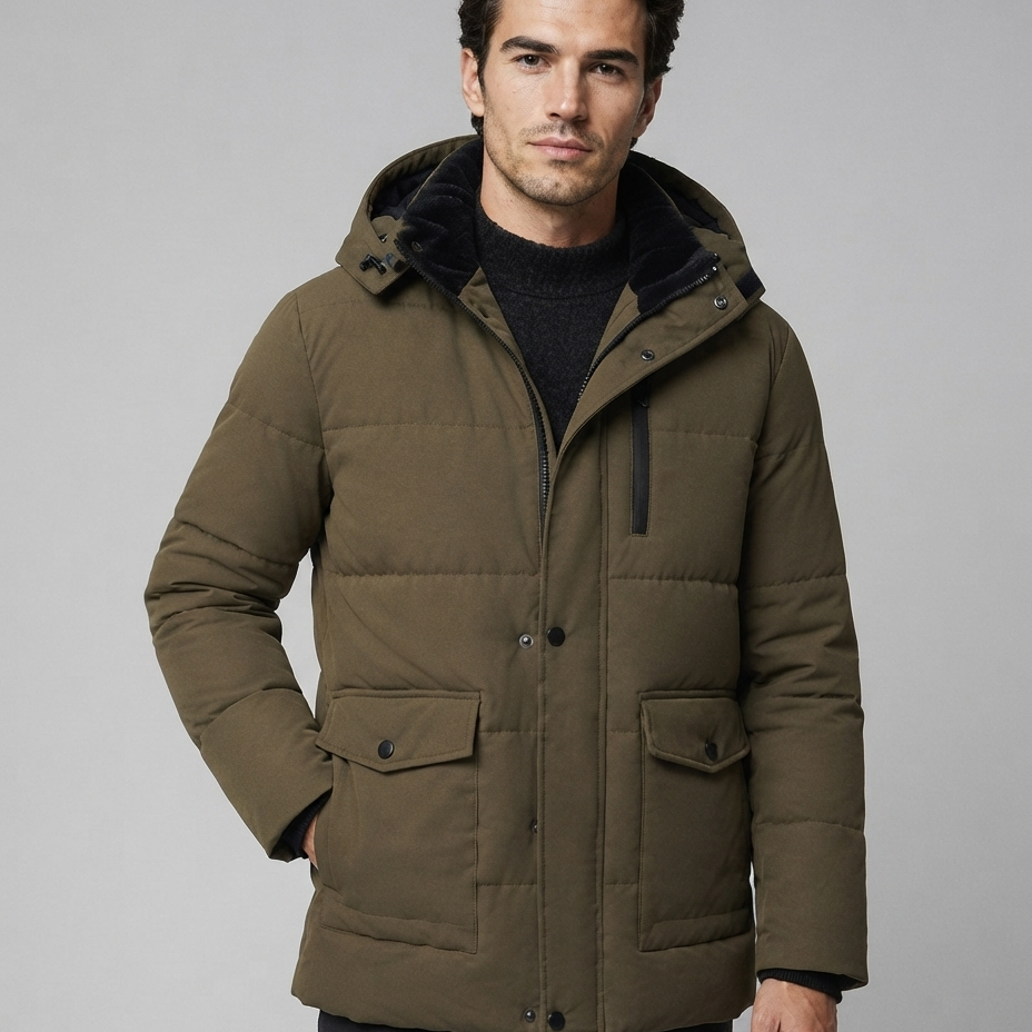 Giacca Uomo Trapuntata Cappuccio Foderato in Peluche Tasche Zip