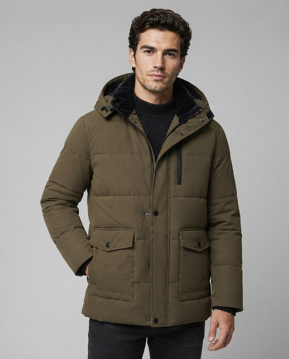 Giacca Uomo Trapuntata Cappuccio Foderato in Peluche Tasche Zip