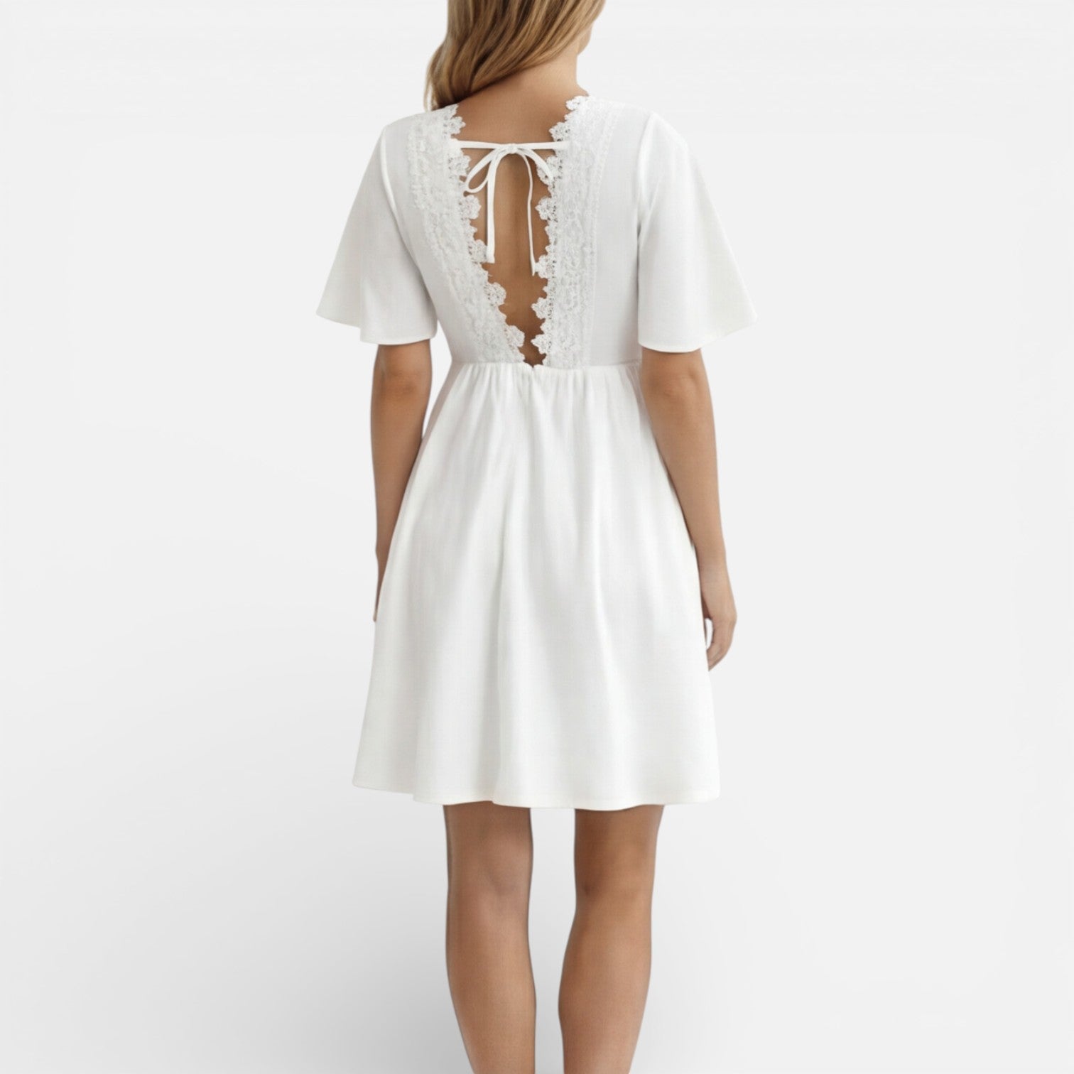 Abito Estivo Donna Bianco in Pizzo Scollo a V Cerimonia