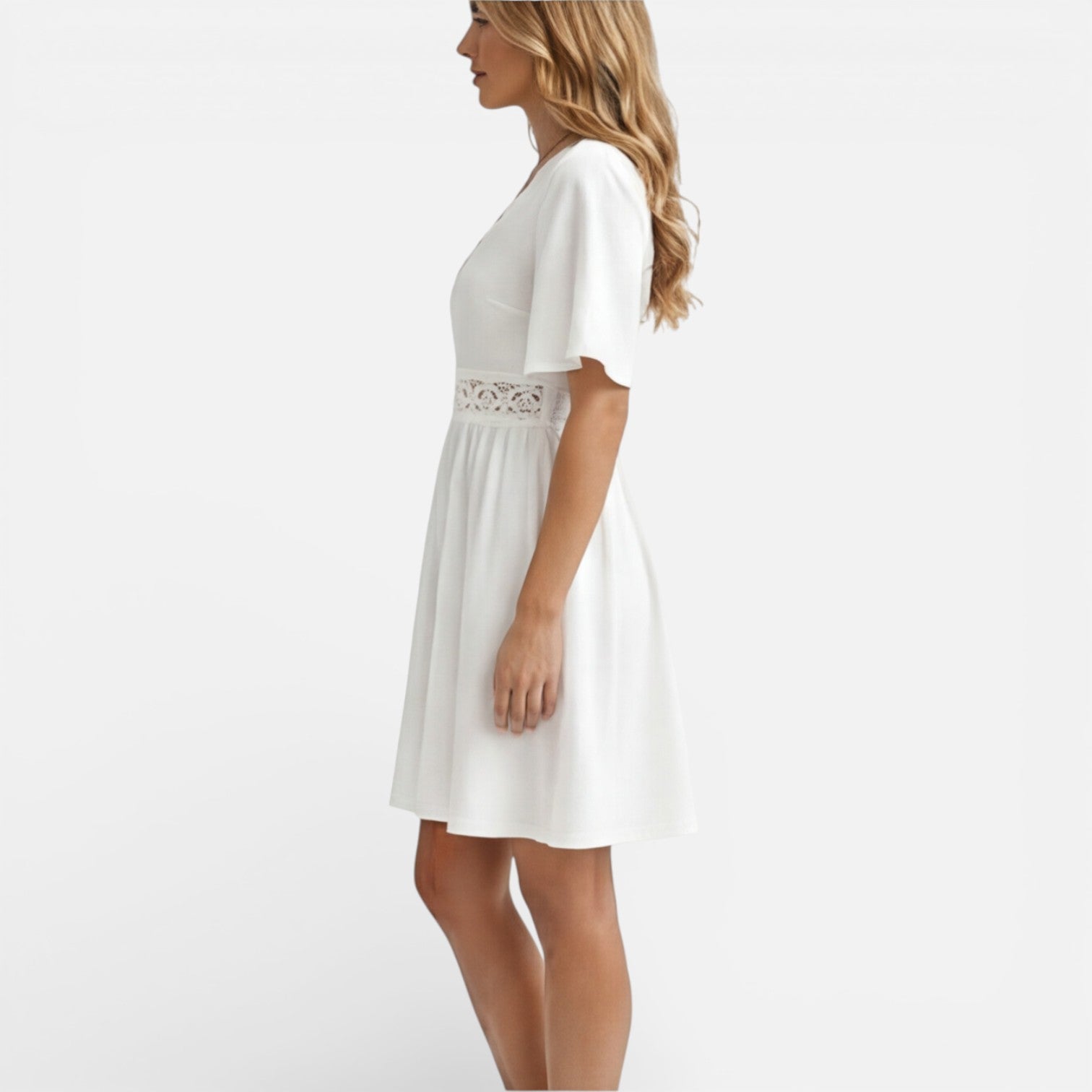 Abito Estivo Donna Bianco in Pizzo Scollo a V Cerimonia