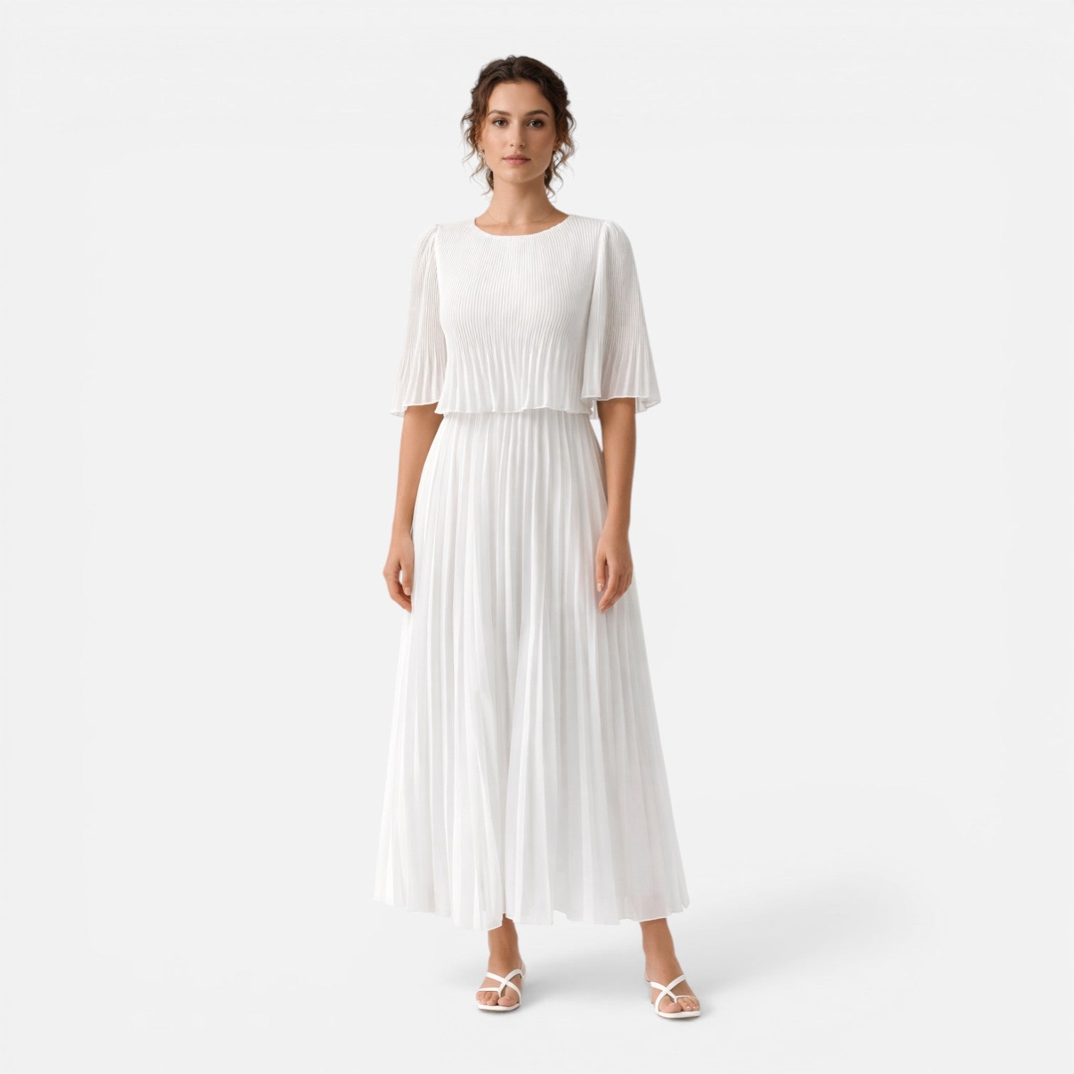 Abito Lungo Donna Bianco in Chiffon Plissettato Cerimonia