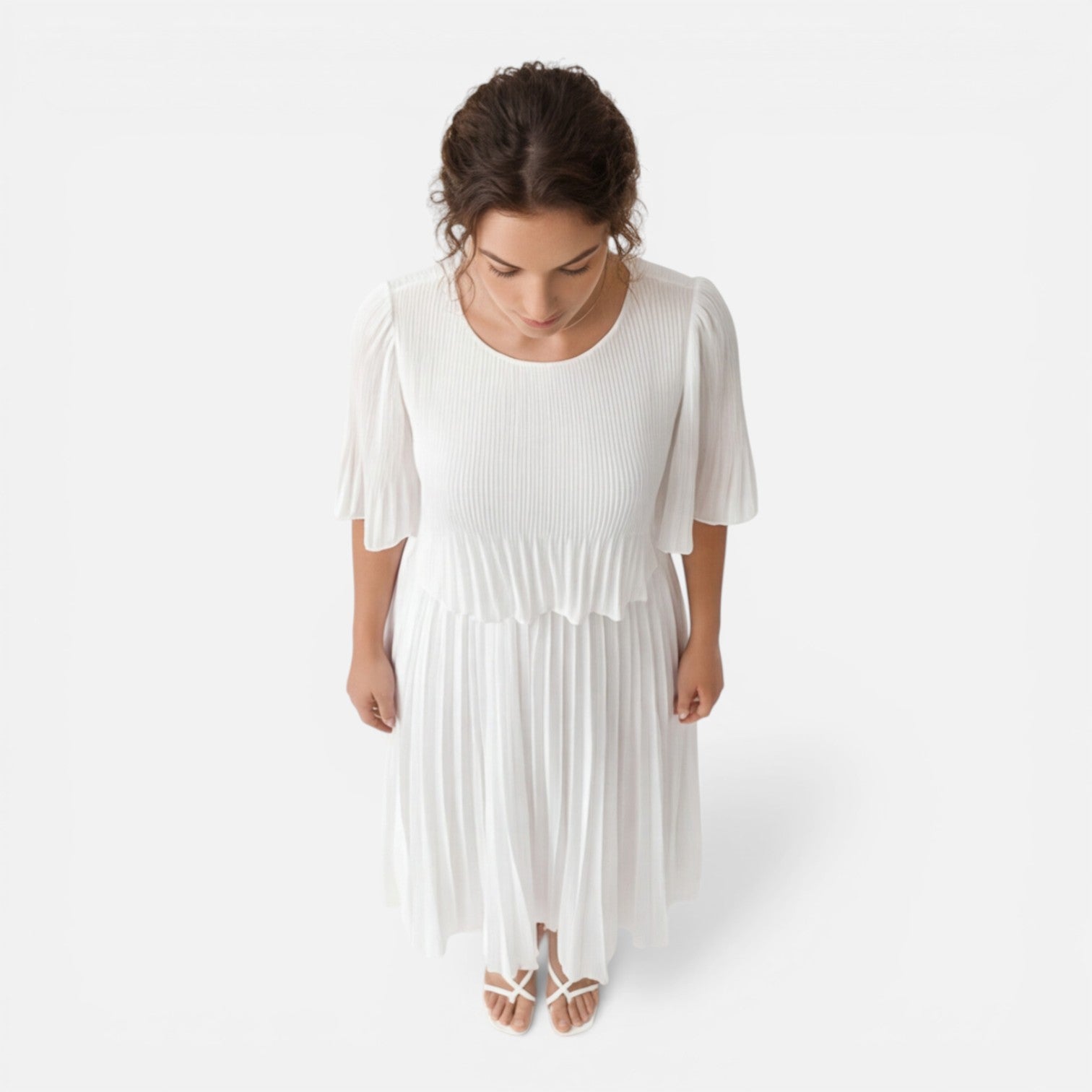 Abito Lungo Donna Bianco in Chiffon Plissettato Cerimonia