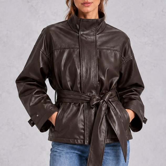 Giacca Donna Corta Effetto Pelle Marrone con Cintura e Revers