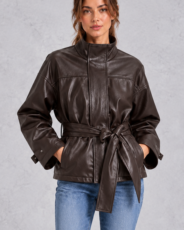 Giacca Donna Corta Effetto Pelle Marrone con Cintura e Revers
