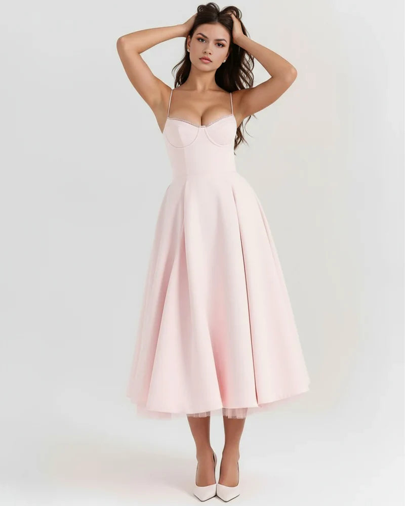 Abito Midi Donna Corsetto Tulle Scollo a Cuore Cerimonia