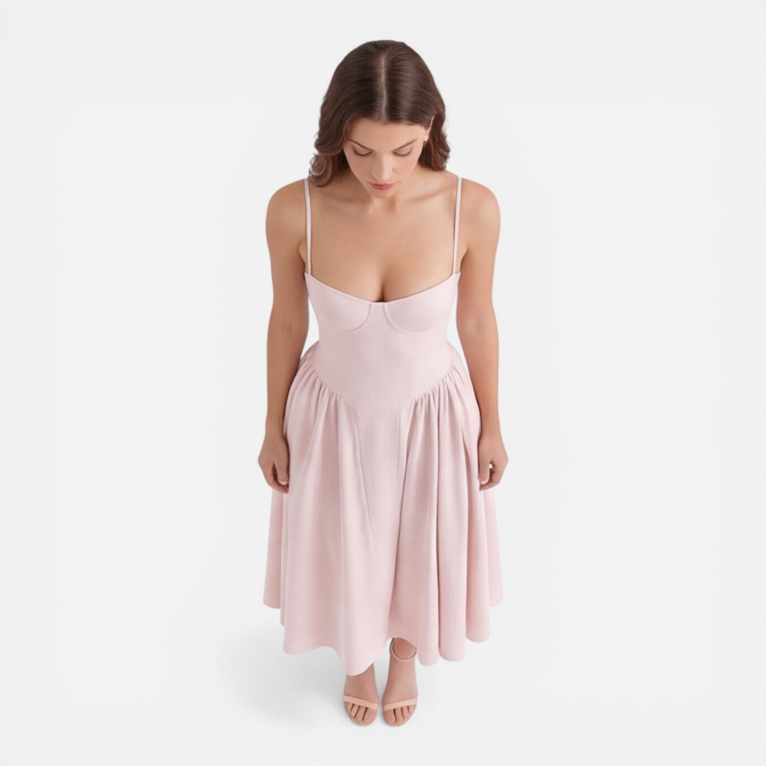 Abito Midi Donna Elegante Linea A Cerimonia Spalline