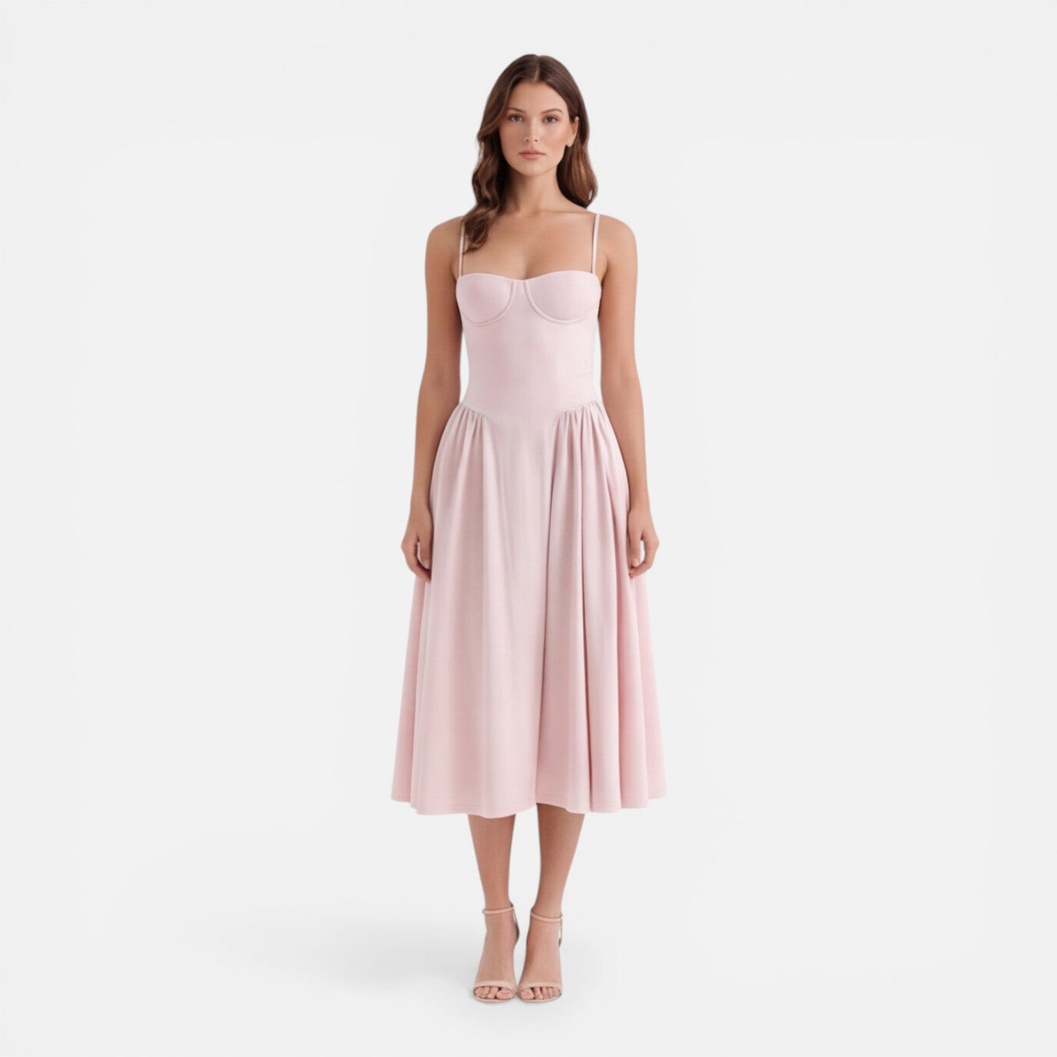 Abito Midi Donna Elegante Linea A Cerimonia Spalline