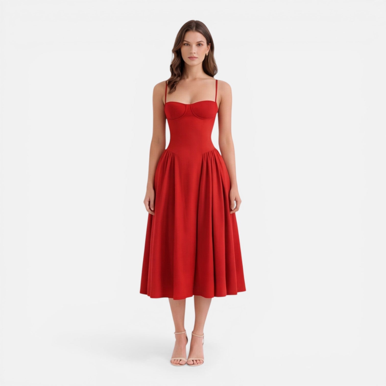 Abito Midi Donna Elegante Linea A Cerimonia Spalline