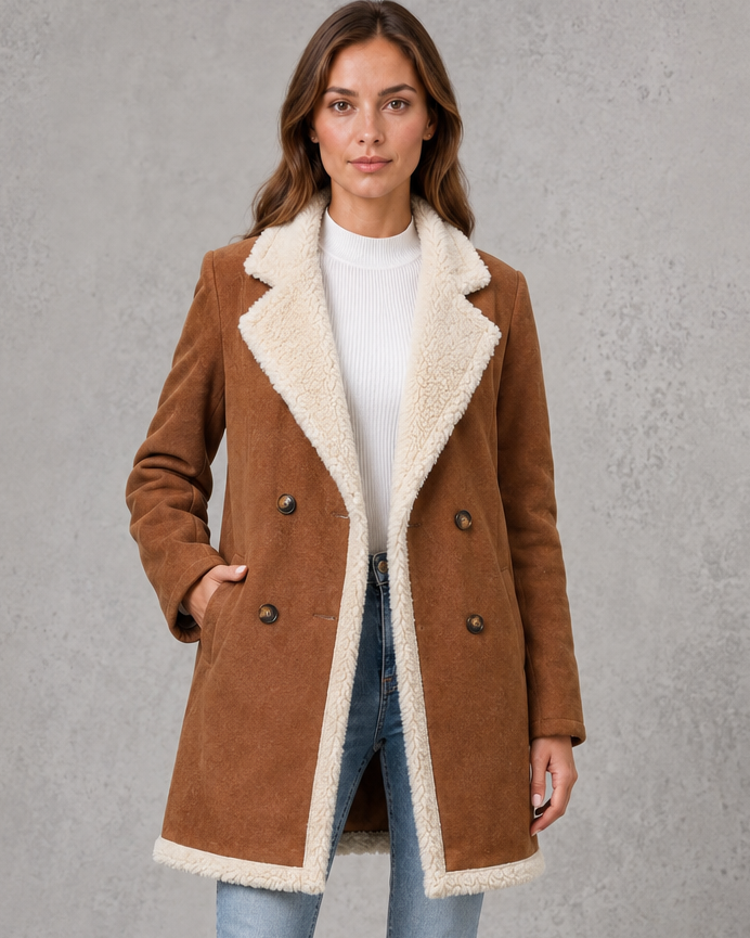 Cappotto Donna Doppiopetto Effetto Camoscio Fodera Effetto Shearling
