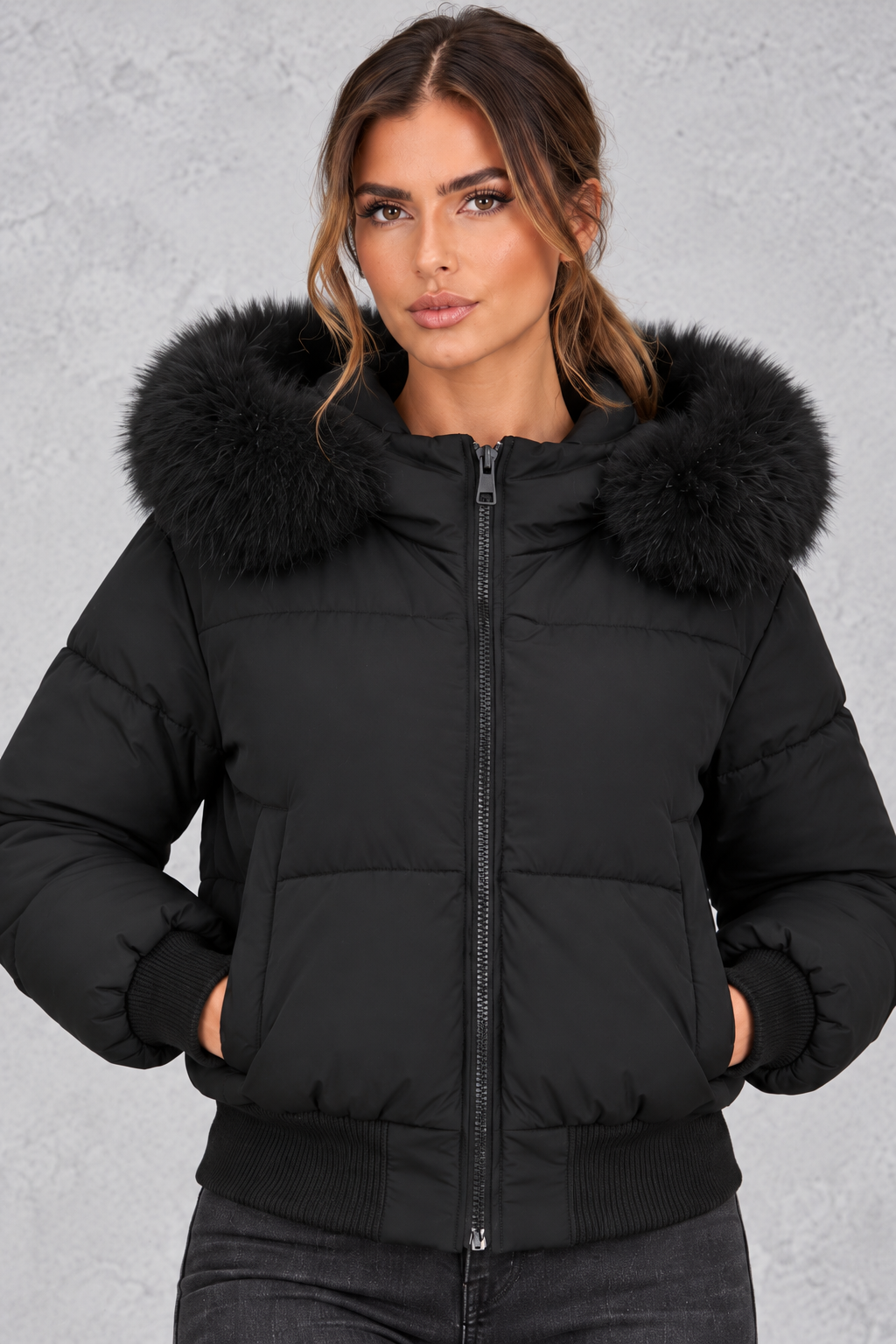 Giacca Donna Imbottita Collo in Pelliccia Sintetica Plush