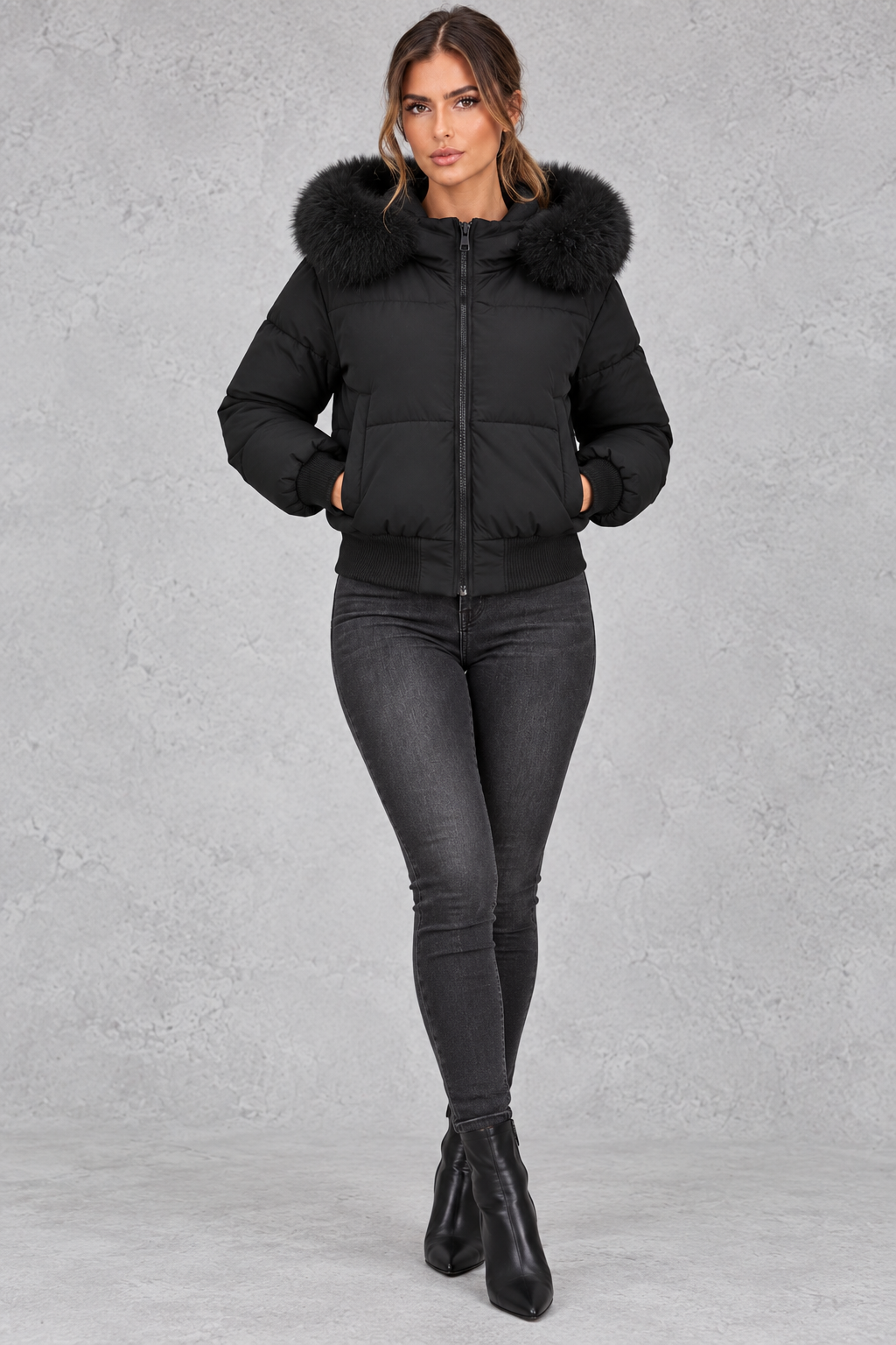 Giacca Donna Imbottita Collo in Pelliccia Sintetica Plush