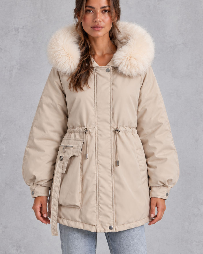 Parka Donna con Cappuccio Bordo Pelliccia Sintetica Orlo Curvo