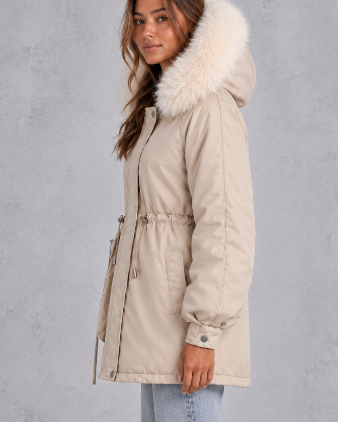 Parka Donna con Cappuccio Bordo Pelliccia Sintetica Orlo Curvo