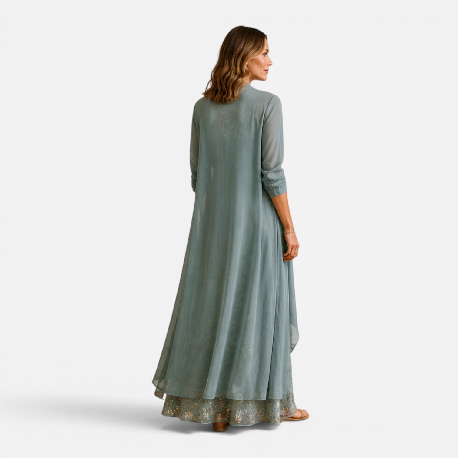 Abito Lungo Donna Ricamo Floreale con Giacca in Chiffon