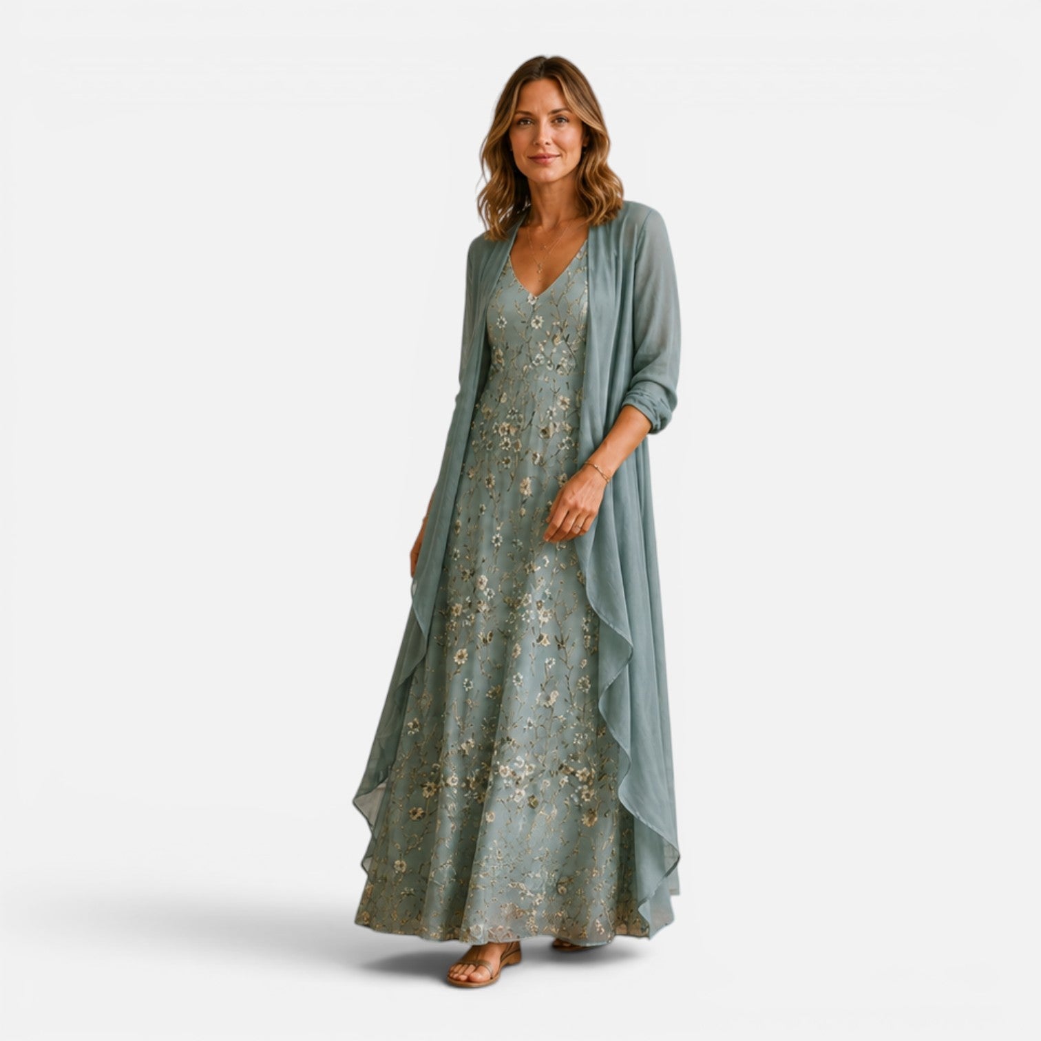 Abito Lungo Donna Ricamo Floreale con Giacca in Chiffon