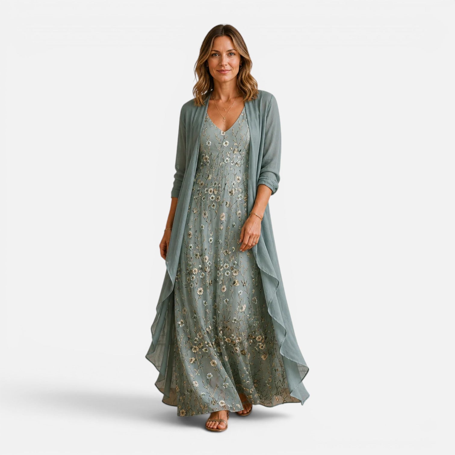 Abito Lungo Donna Ricamo Floreale con Giacca in Chiffon