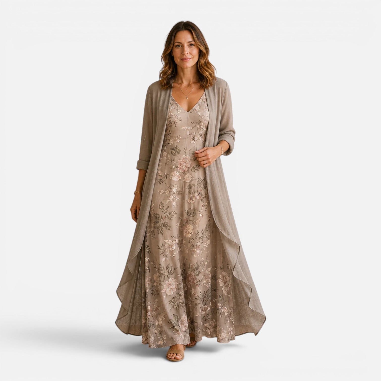 Abito Lungo Donna Ricamo Floreale con Giacca in Chiffon
