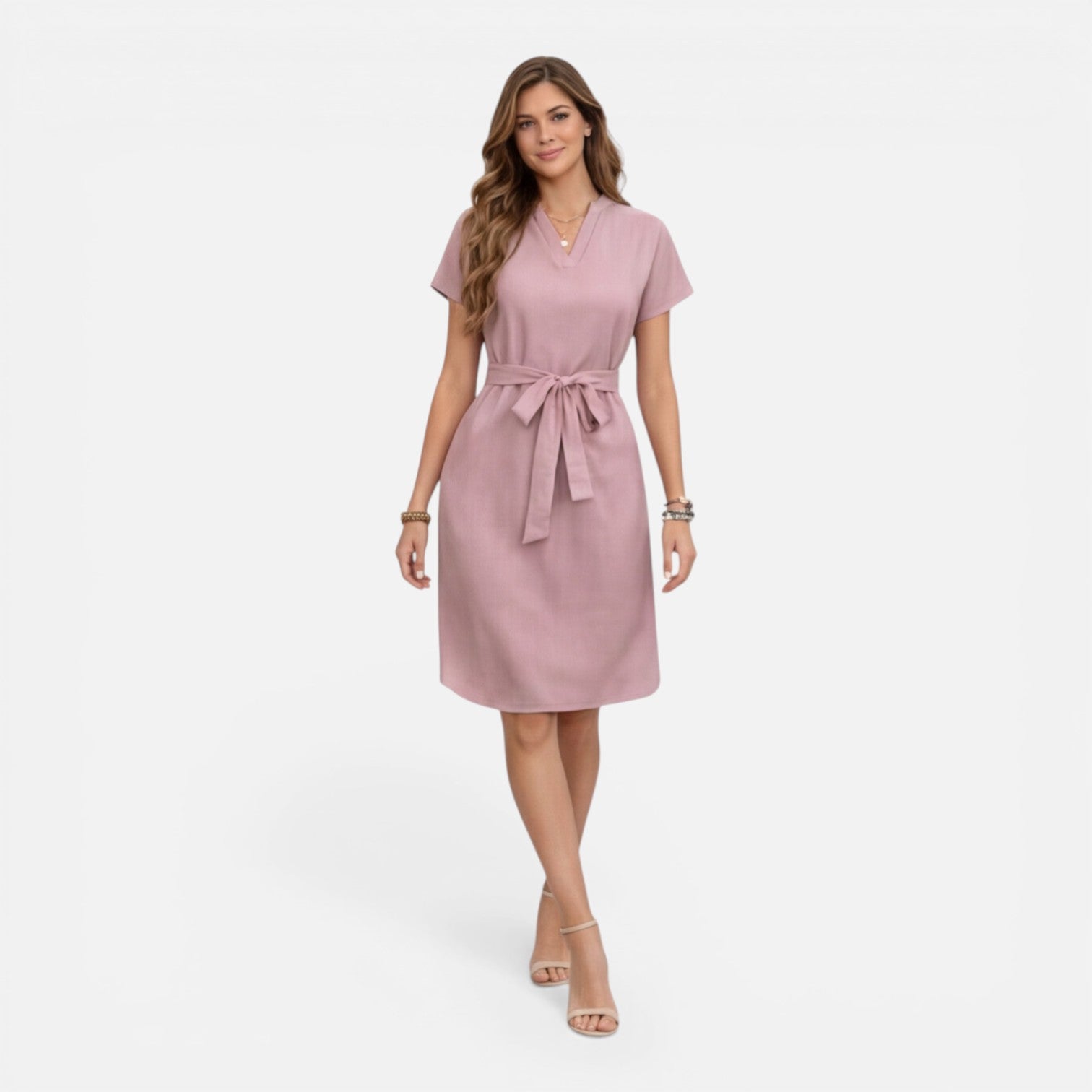 Abito Midi Donna Estivo Scollo a V Manica Corta Cintura
