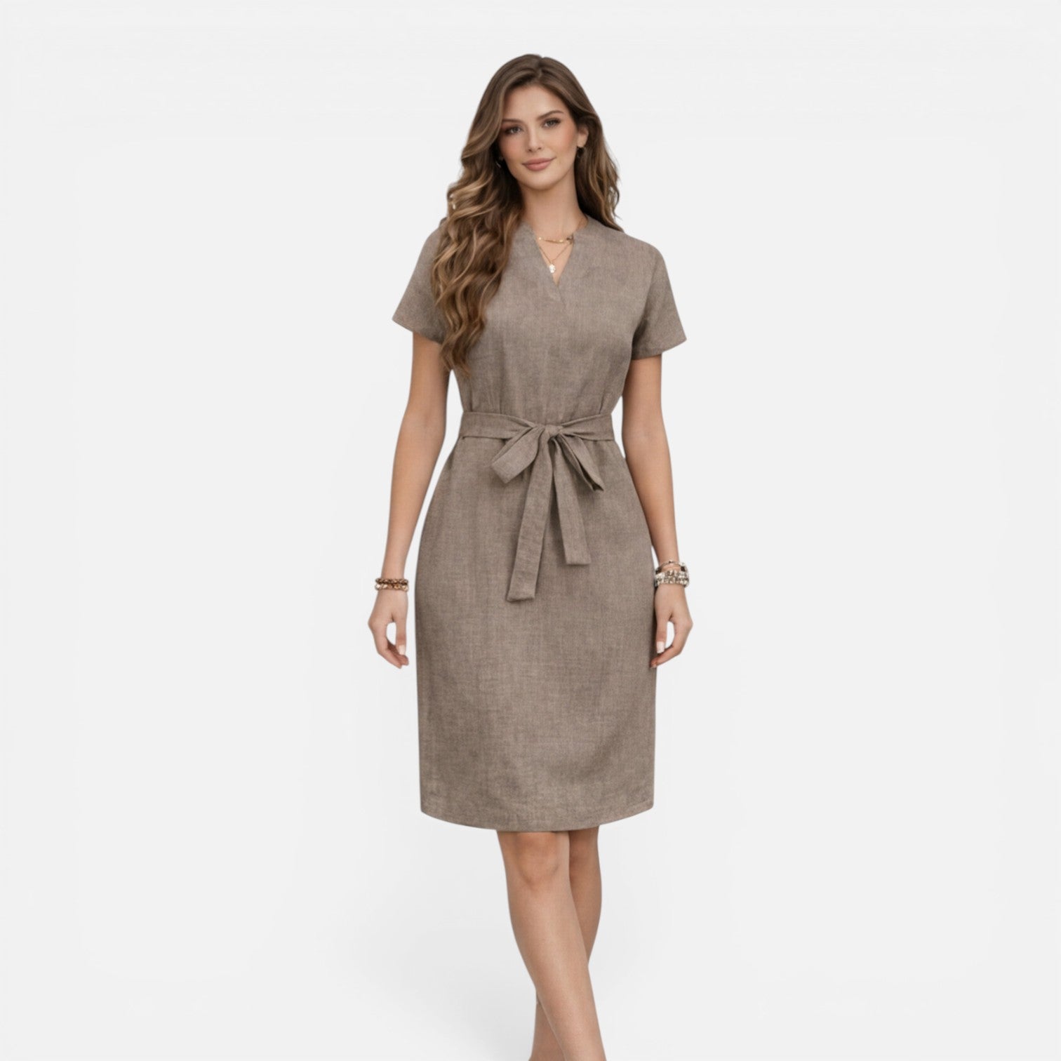 Abito Midi Donna Estivo Scollo a V Manica Corta Cintura