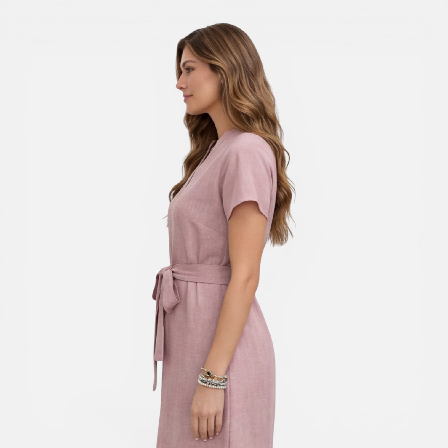 Abito Midi Donna Estivo Scollo a V Manica Corta Cintura