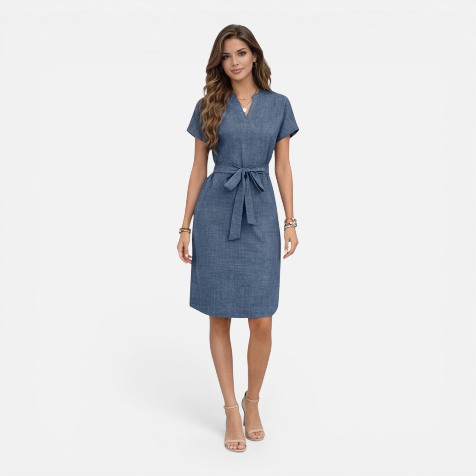 Abito Midi Donna Estivo Scollo a V Manica Corta Cintura
