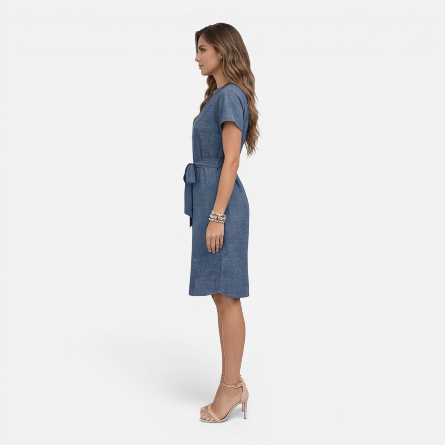 Abito Midi Donna Estivo Scollo a V Manica Corta Cintura