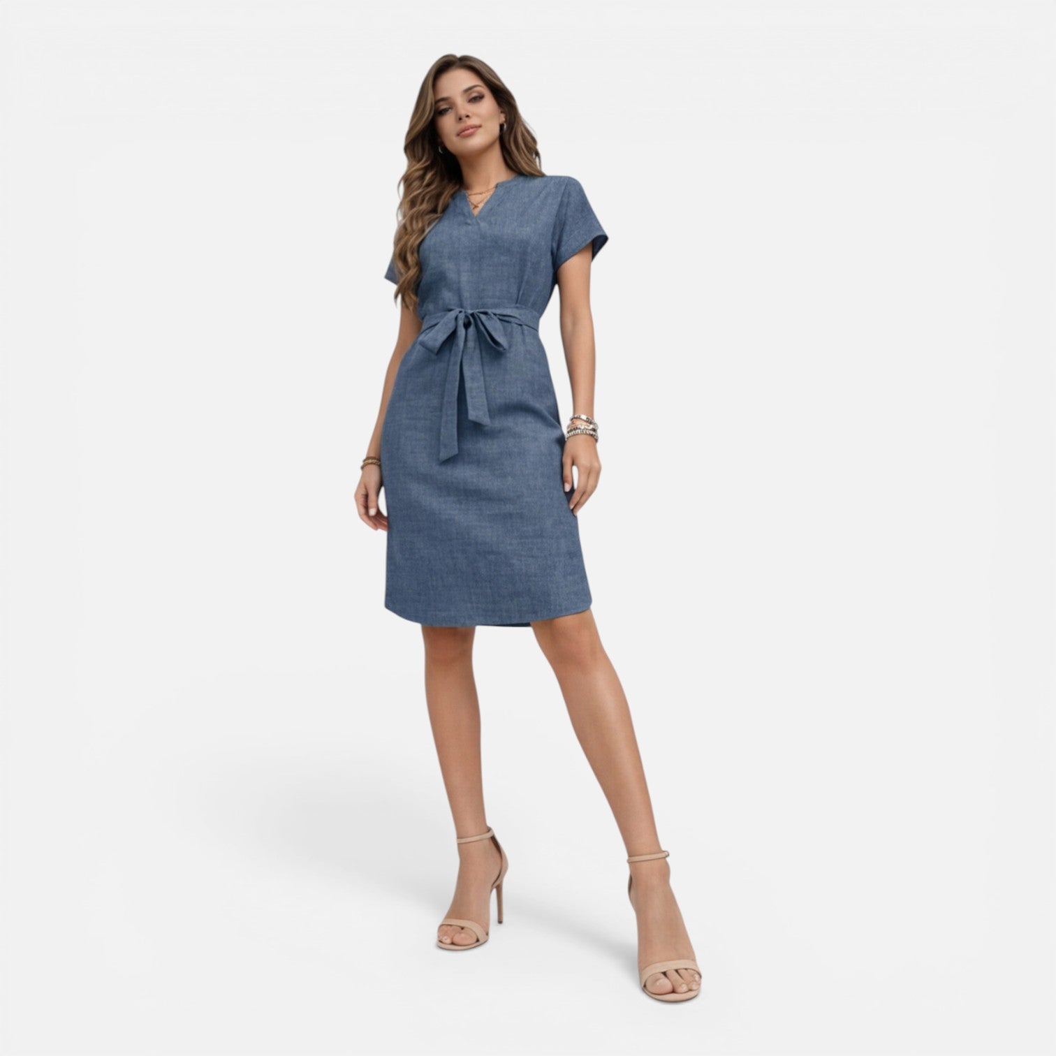 Abito Midi Donna Estivo Scollo a V Manica Corta Cintura