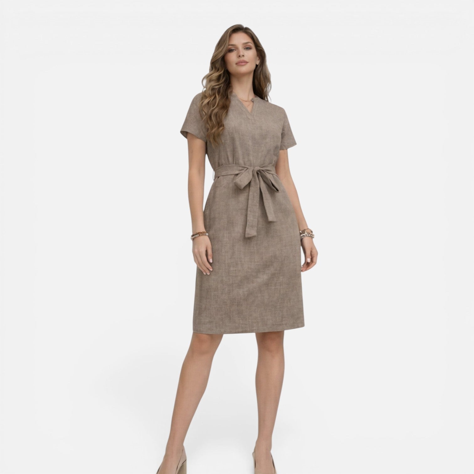 Abito Midi Donna Estivo Scollo a V Manica Corta Cintura