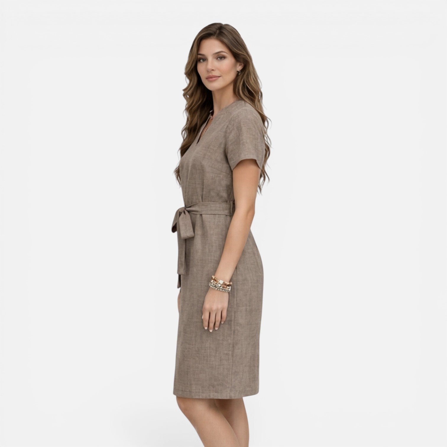 Abito Midi Donna Estivo Scollo a V Manica Corta Cintura