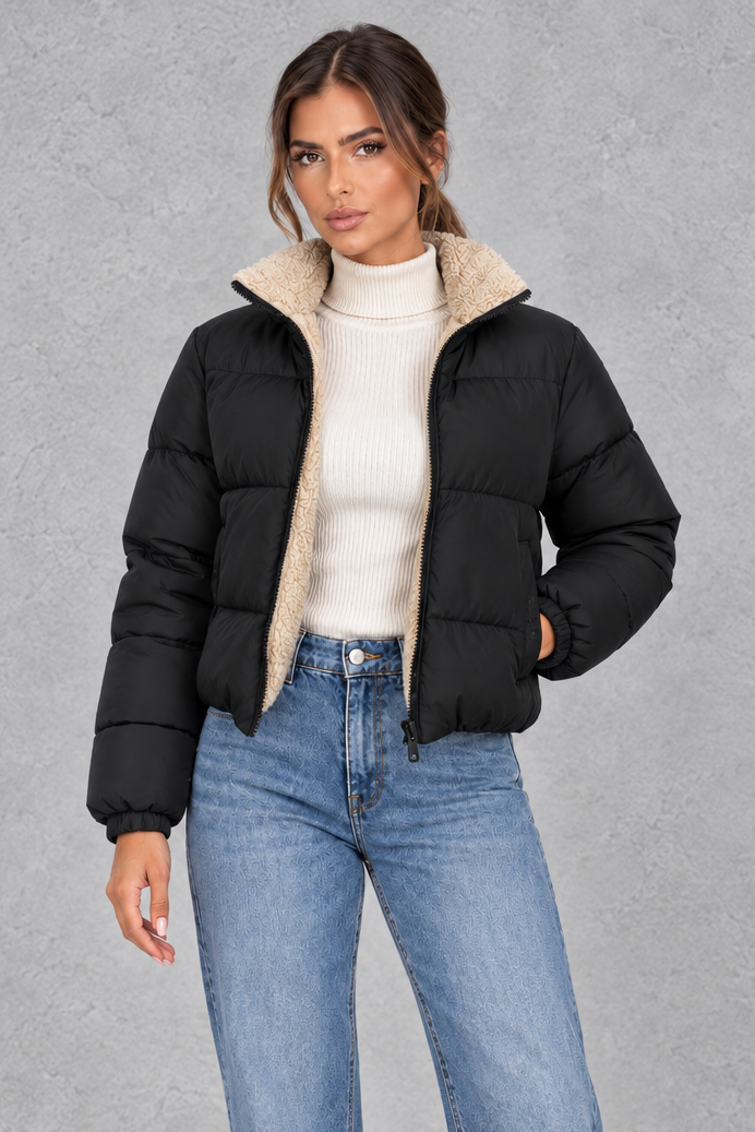 Giacca Donna Imbottita Corta Collo Alto Foderato Sherpa