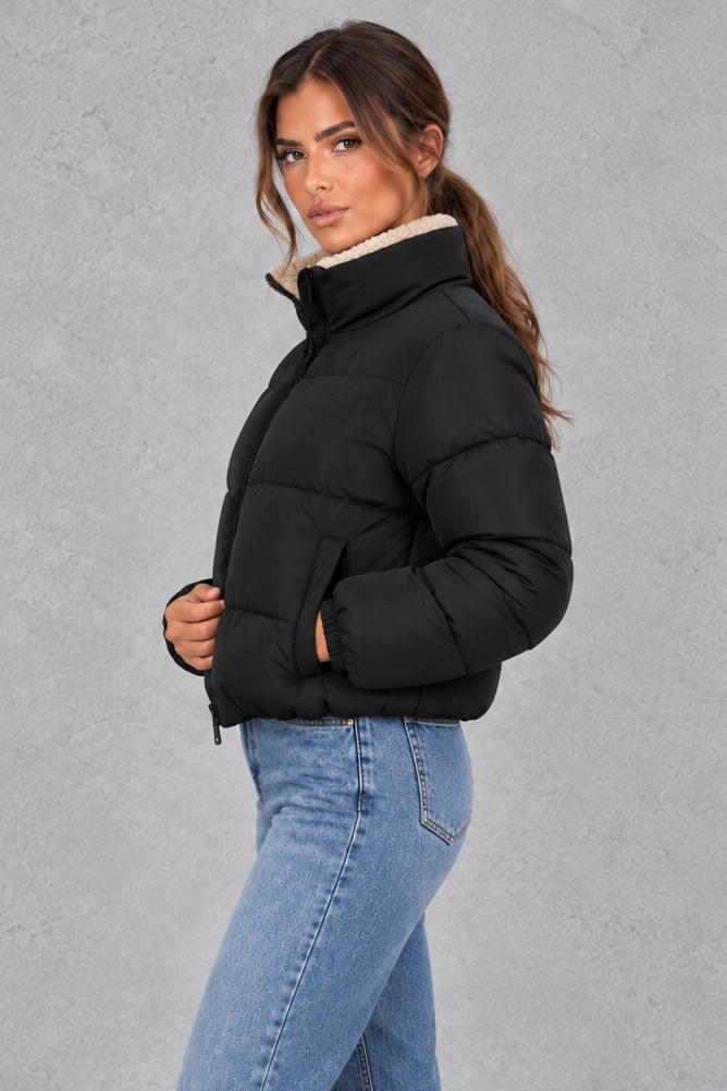 Giacca Donna Imbottita Corta Collo Alto Foderato Sherpa