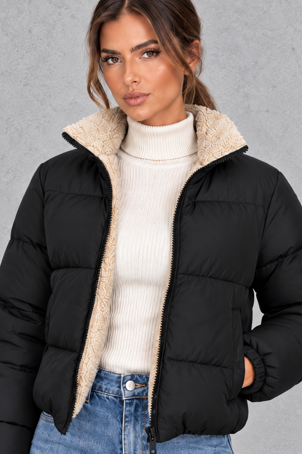 Giacca Donna Imbottita Corta Collo Alto Foderato Sherpa