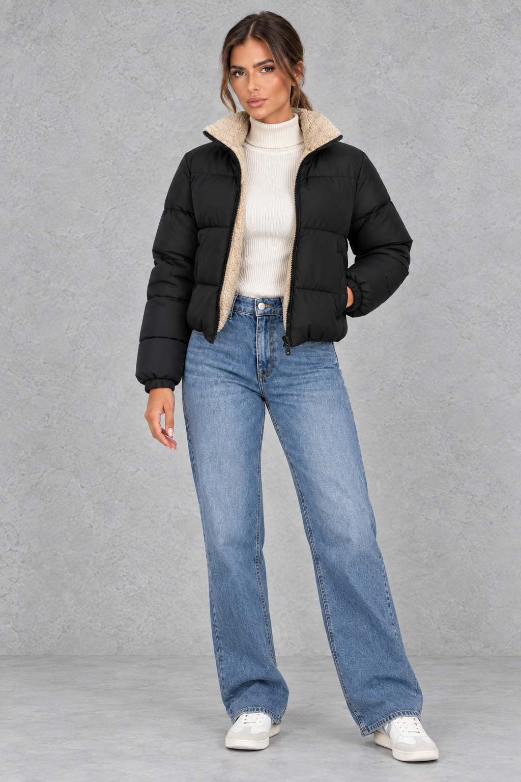 Giacca Donna Imbottita Corta Collo Alto Foderato Sherpa