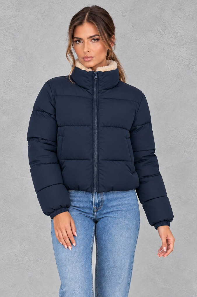 Giacca Donna Imbottita Corta Collo Alto Foderato Sherpa