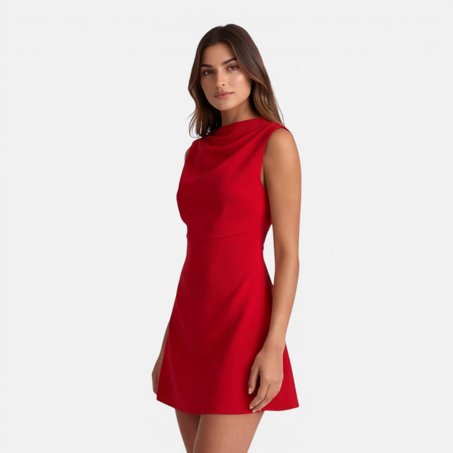 Abito Mini Donna Smanicato Scollo Drappeggiato Elegante
