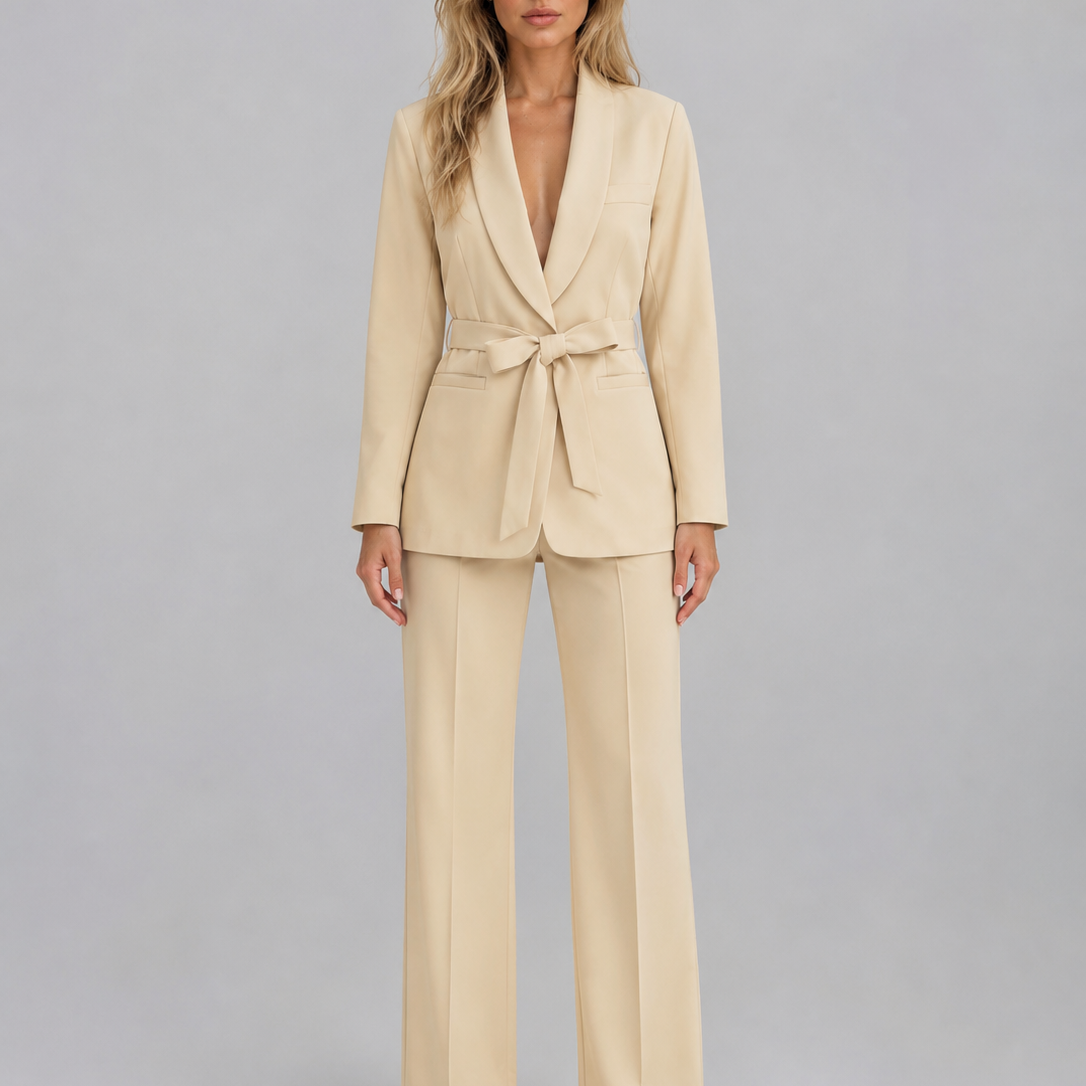 Tailleur Donna Blazer con Cintura Collo Scialle Gamba Ampia