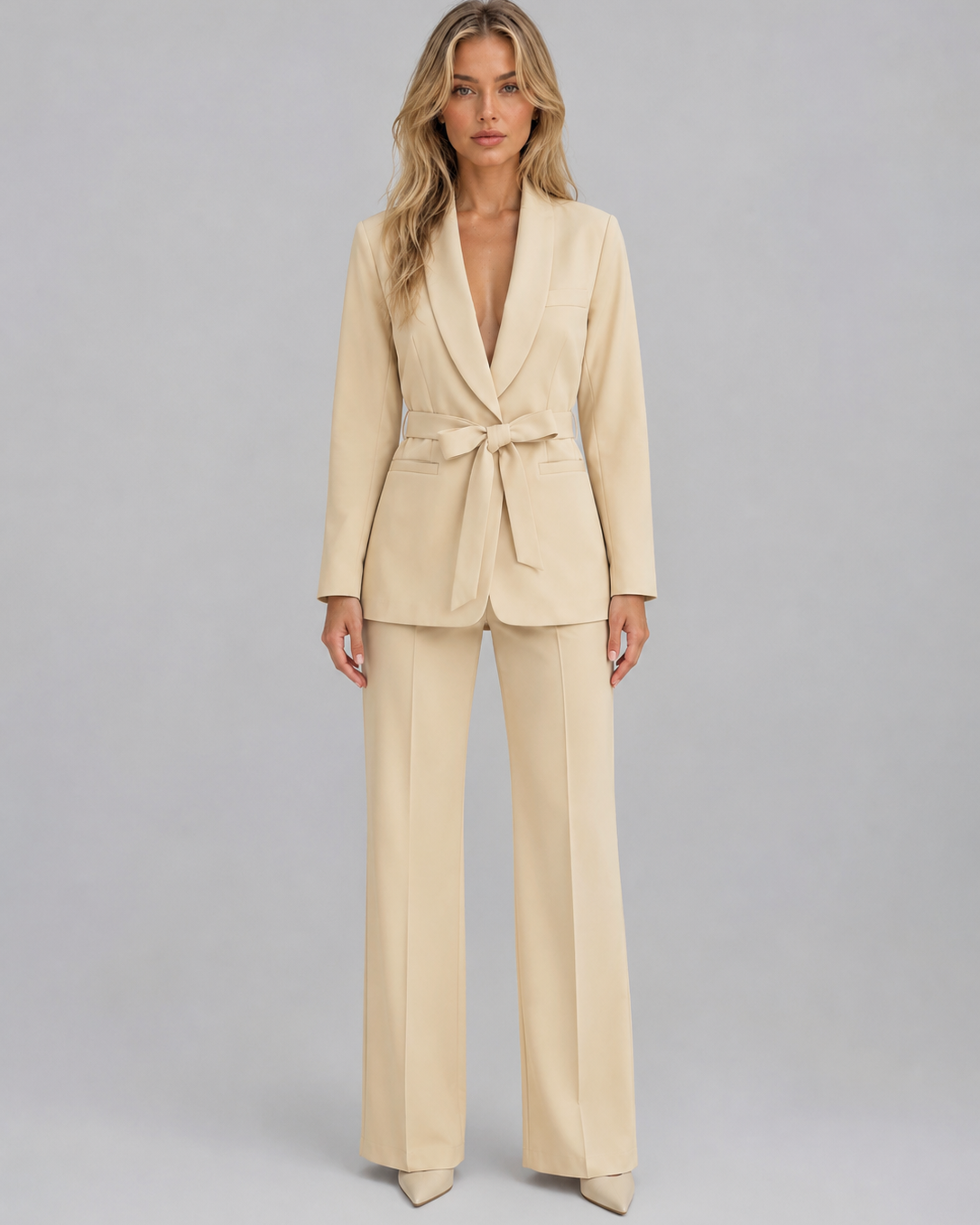 Tailleur Donna Blazer con Cintura Collo Scialle Gamba Ampia