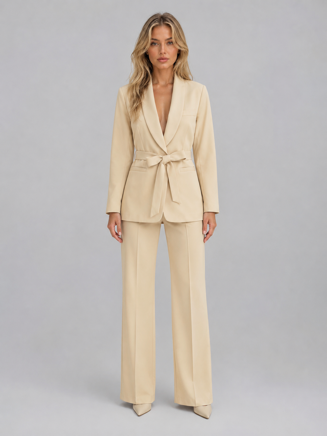 Tailleur Donna Blazer con Cintura Collo Scialle Gamba Ampia