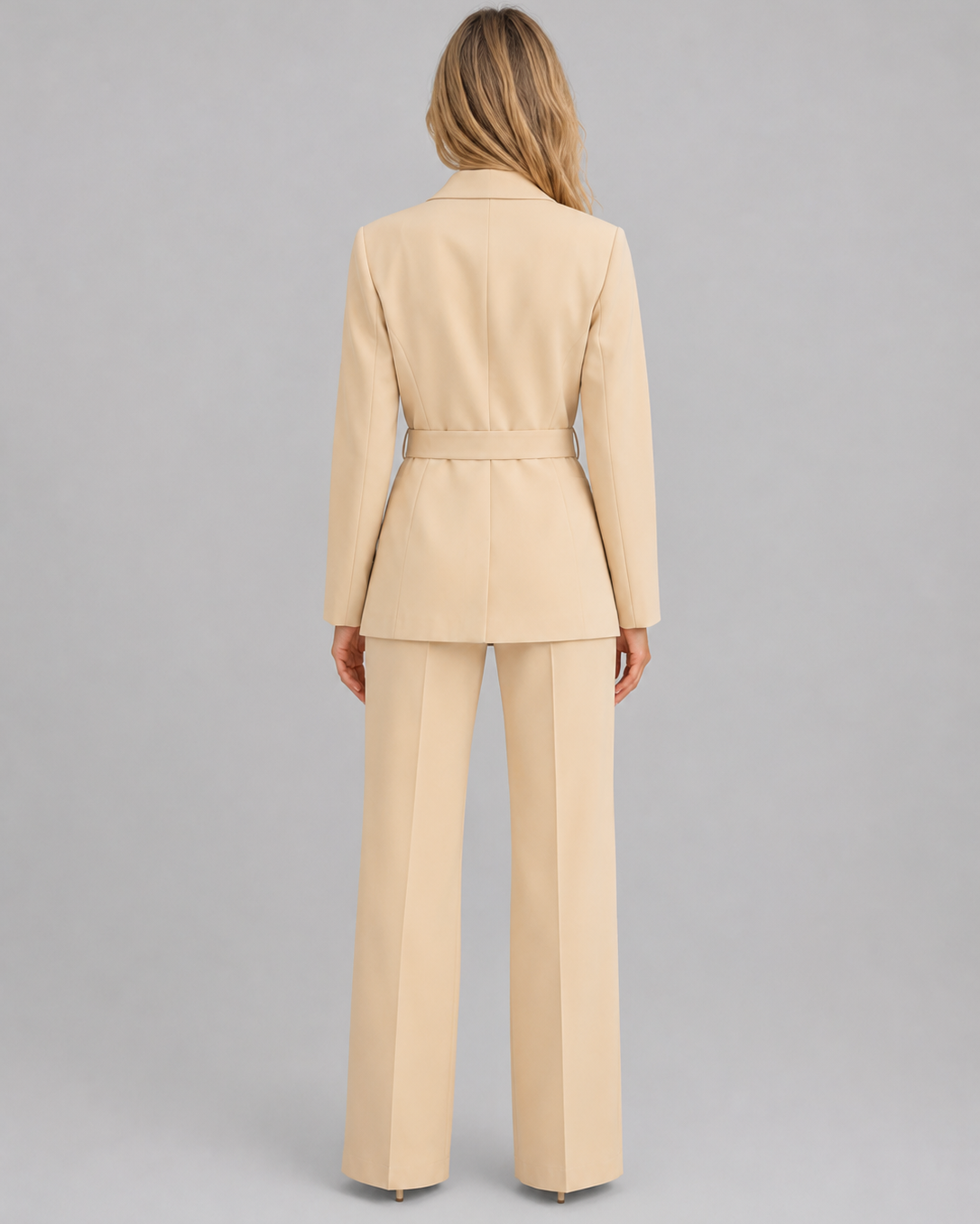 Tailleur Donna Blazer con Cintura Collo Scialle Gamba Ampia