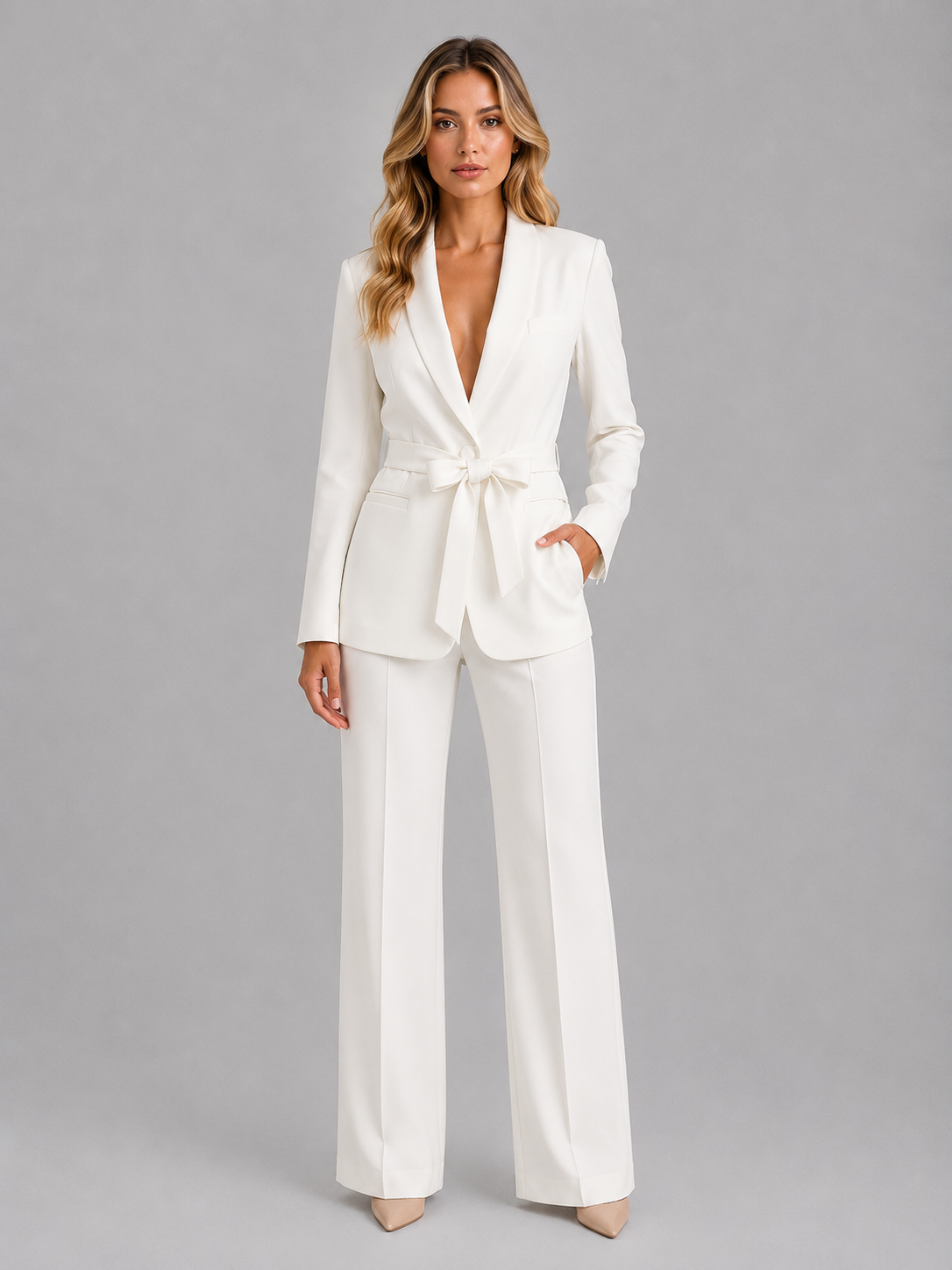 Tailleur Donna Blazer con Cintura Collo Scialle Gamba Ampia