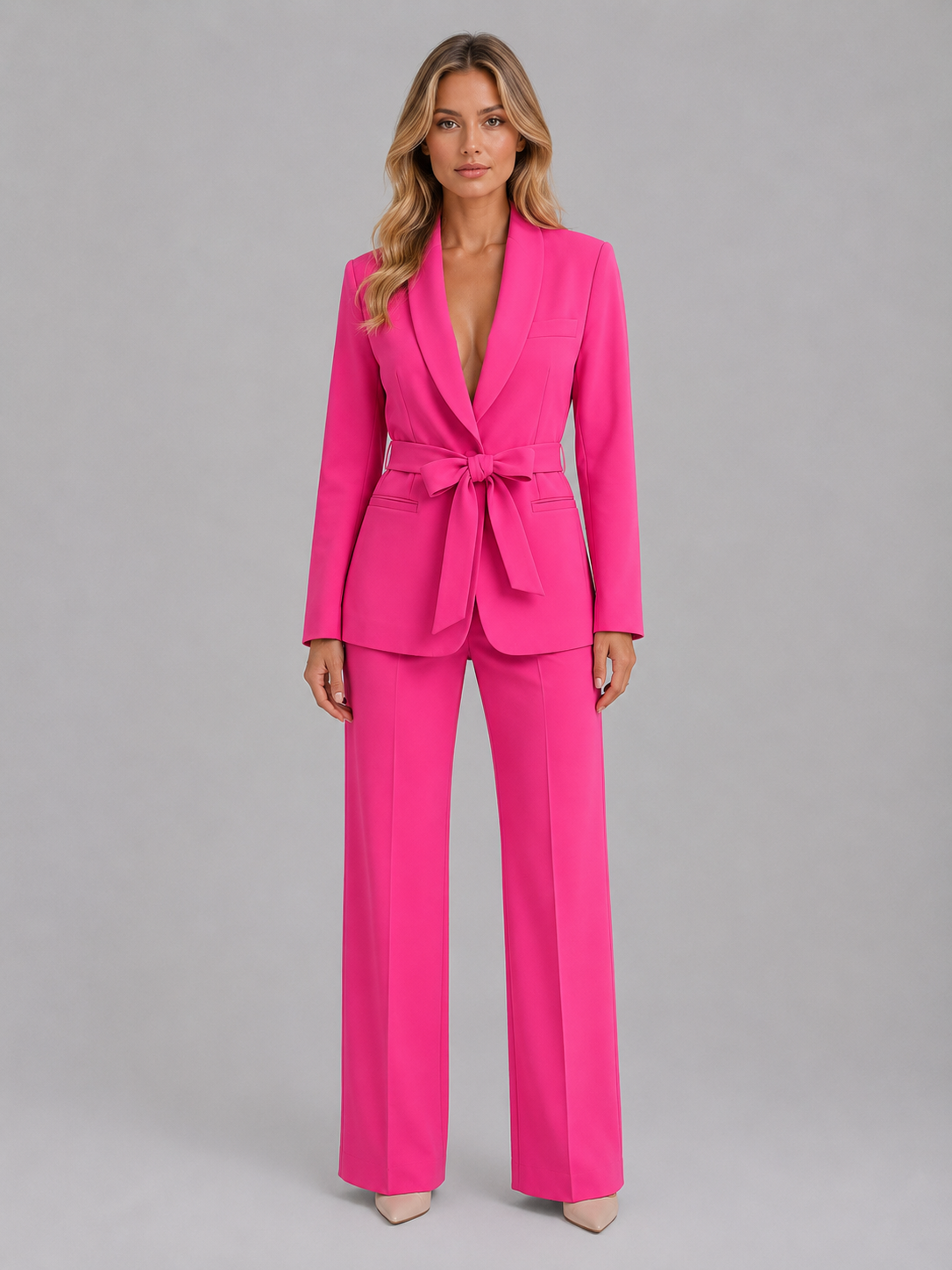 Tailleur Donna Blazer con Cintura Collo Scialle Gamba Ampia