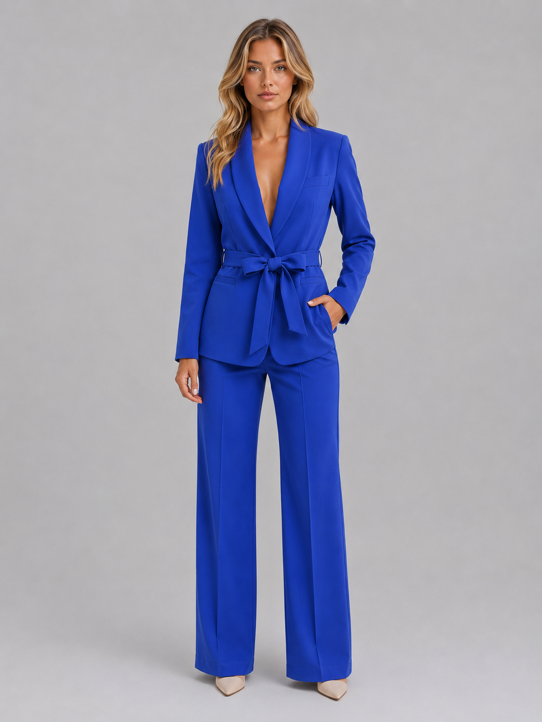 Tailleur Donna Blazer con Cintura Collo Scialle Gamba Ampia