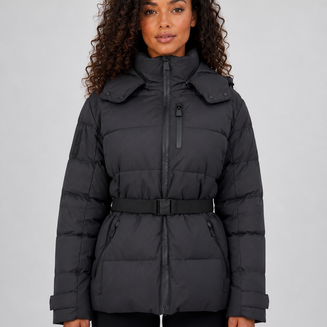 Giacca Donna Imbottita con Cappuccio Cintura e Tasche Zip