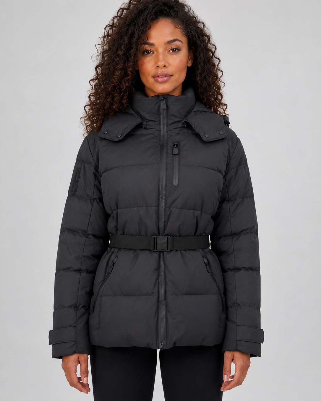 Giacca Donna Imbottita con Cappuccio Cintura e Tasche Zip