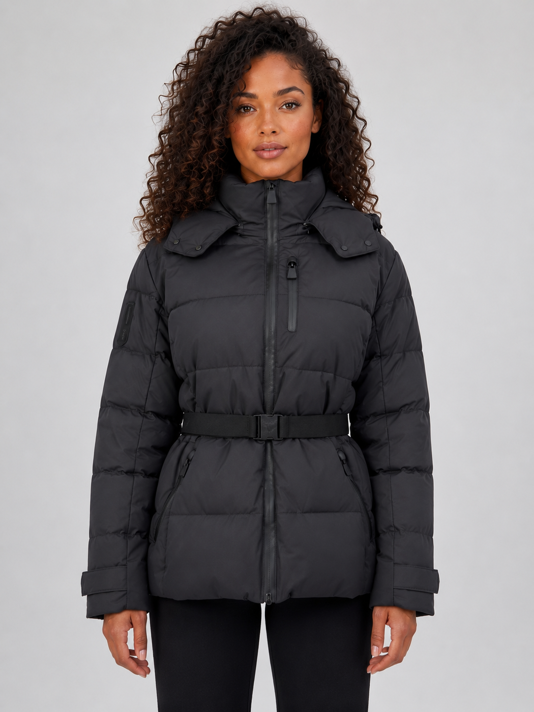 Giacca Donna Imbottita con Cappuccio Cintura e Tasche Zip