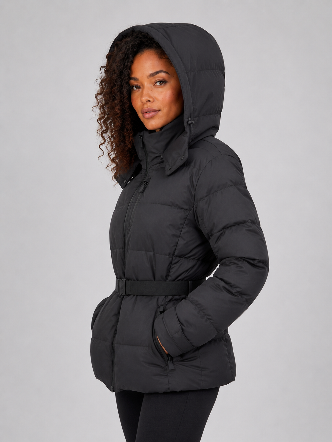 Giacca Donna Imbottita con Cappuccio Cintura e Tasche Zip