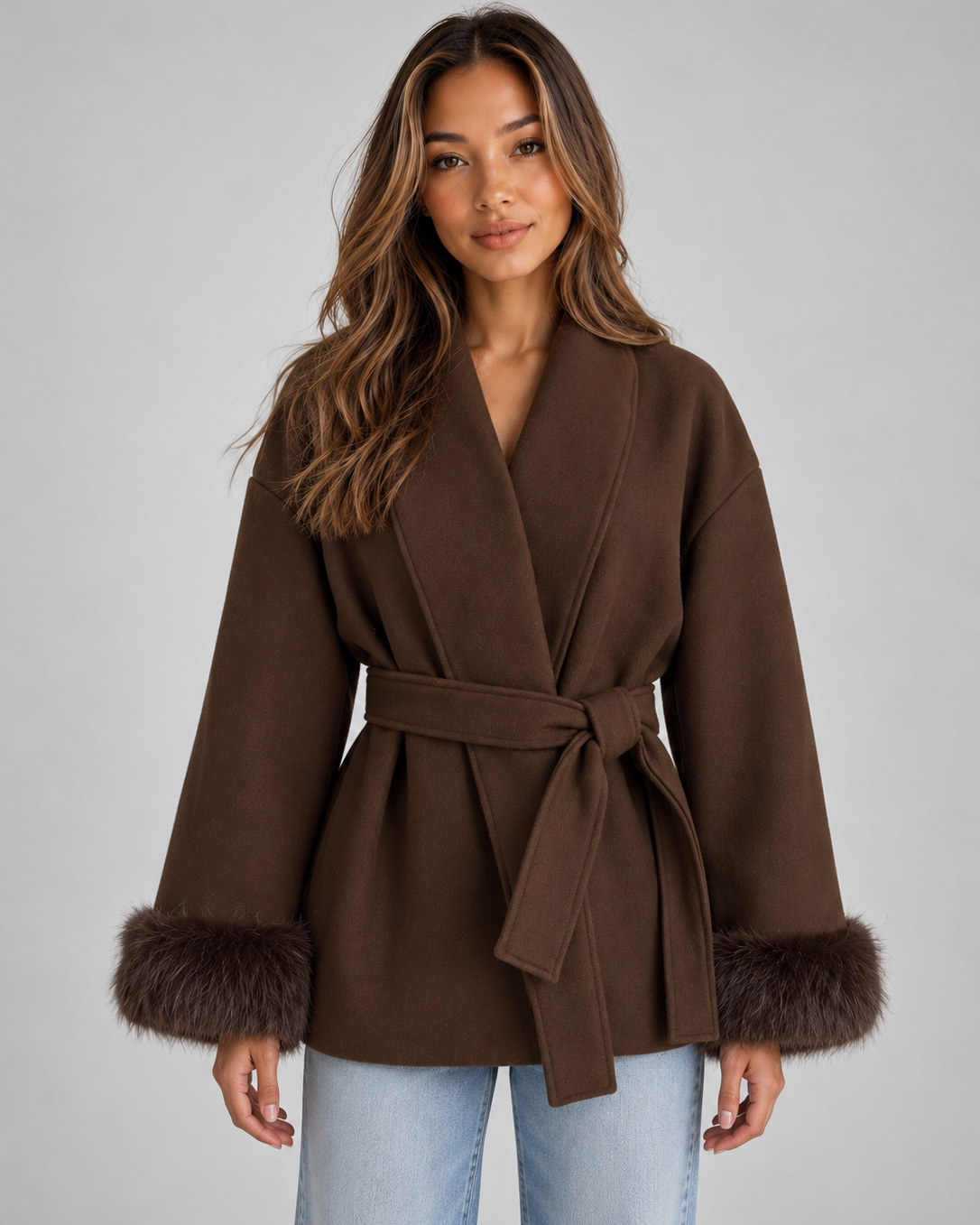 Cappotto Donna Corto a Portafoglio con Cintura Polsini Pelliccia