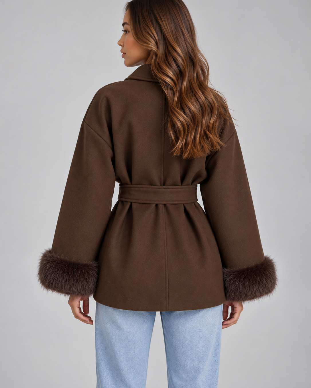 Cappotto Donna Corto a Portafoglio con Cintura Polsini Pelliccia